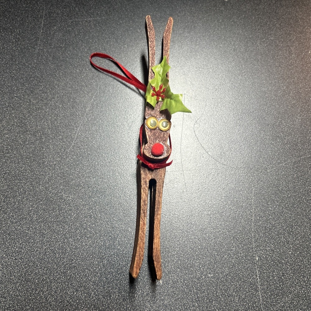 Christmas Ornament Handmade from Old Clothespins Rudolph Reindeer Red Nose